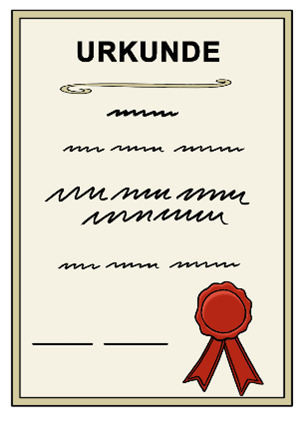 Eine Urkunde ist abgebildet. Sie ist leicht vergilbt. Unten rechts ist eine rote Preisschleife abgebildet.